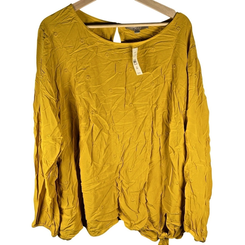 LOFT Plus Mustard Yellow Top Long Sleeve Front Tie 20 NWT, floral details NEW